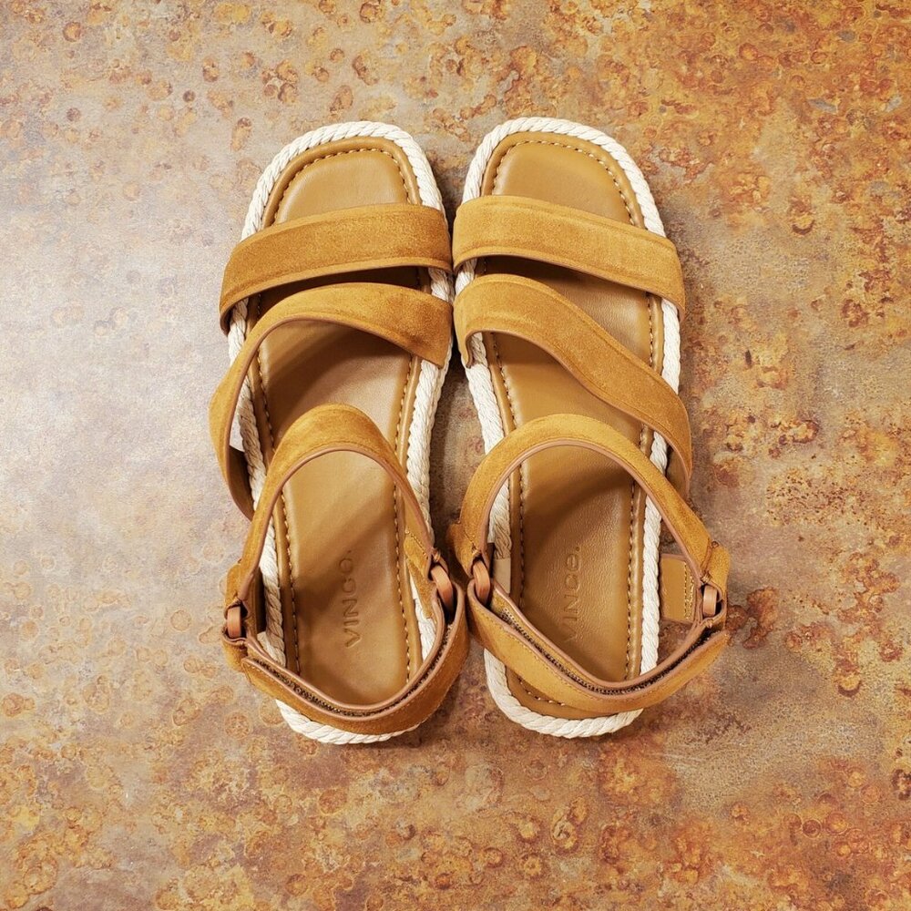 Vince Strappy Camel Suede Espadrille Sandals with Ankle Strap